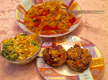 Chickpea stew, broccoli salad, and vegetarian muffins