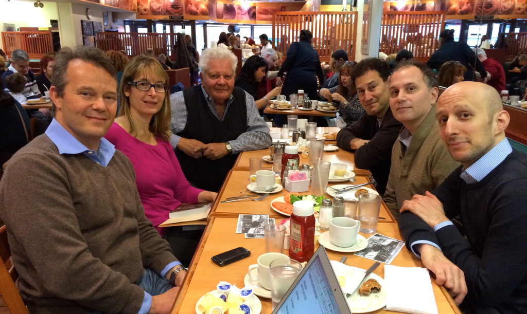 Clockwise from left to right at a  Heritage Toronto Brunch: Andrew Kimel, historian Ellen Scheinberg, Irving Himel, TV host Steven Paikin, City Councelor and TTC Chair Josh Colle, and food writer Corey Mintz 