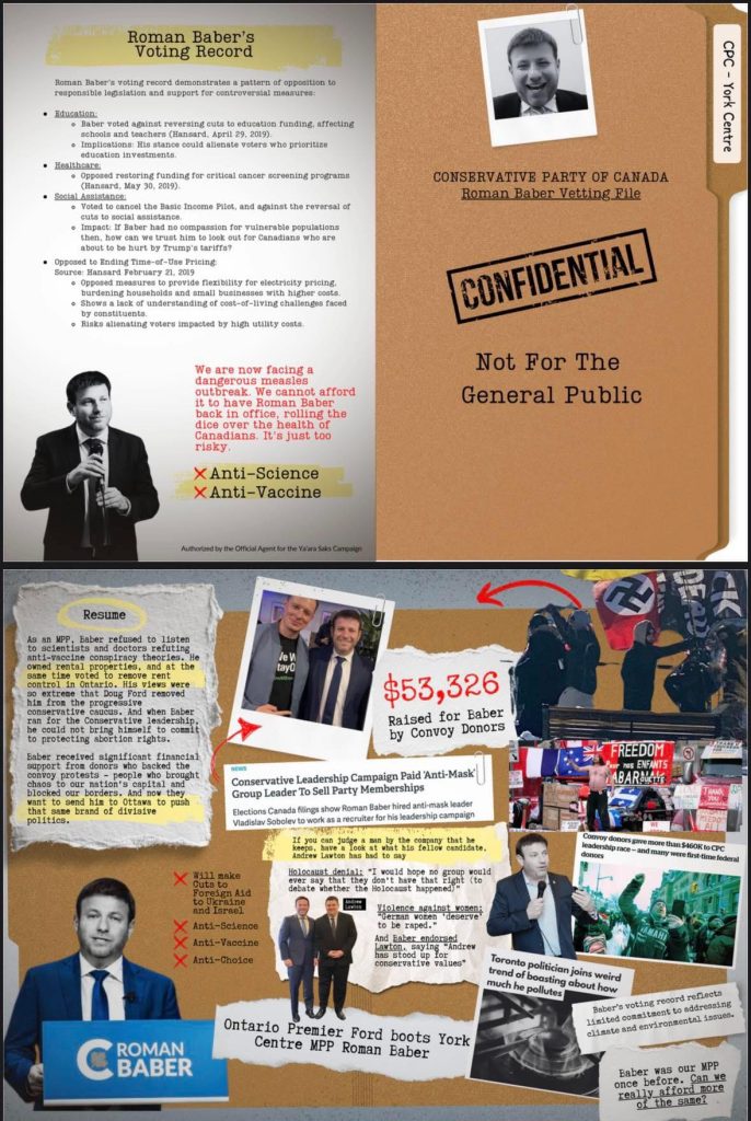 Campaign literature from Ya'ara Saks's campaign—which Roman Baber took issue with for including a swastika near his picture, as his grandparents were killed in the Holocaust.